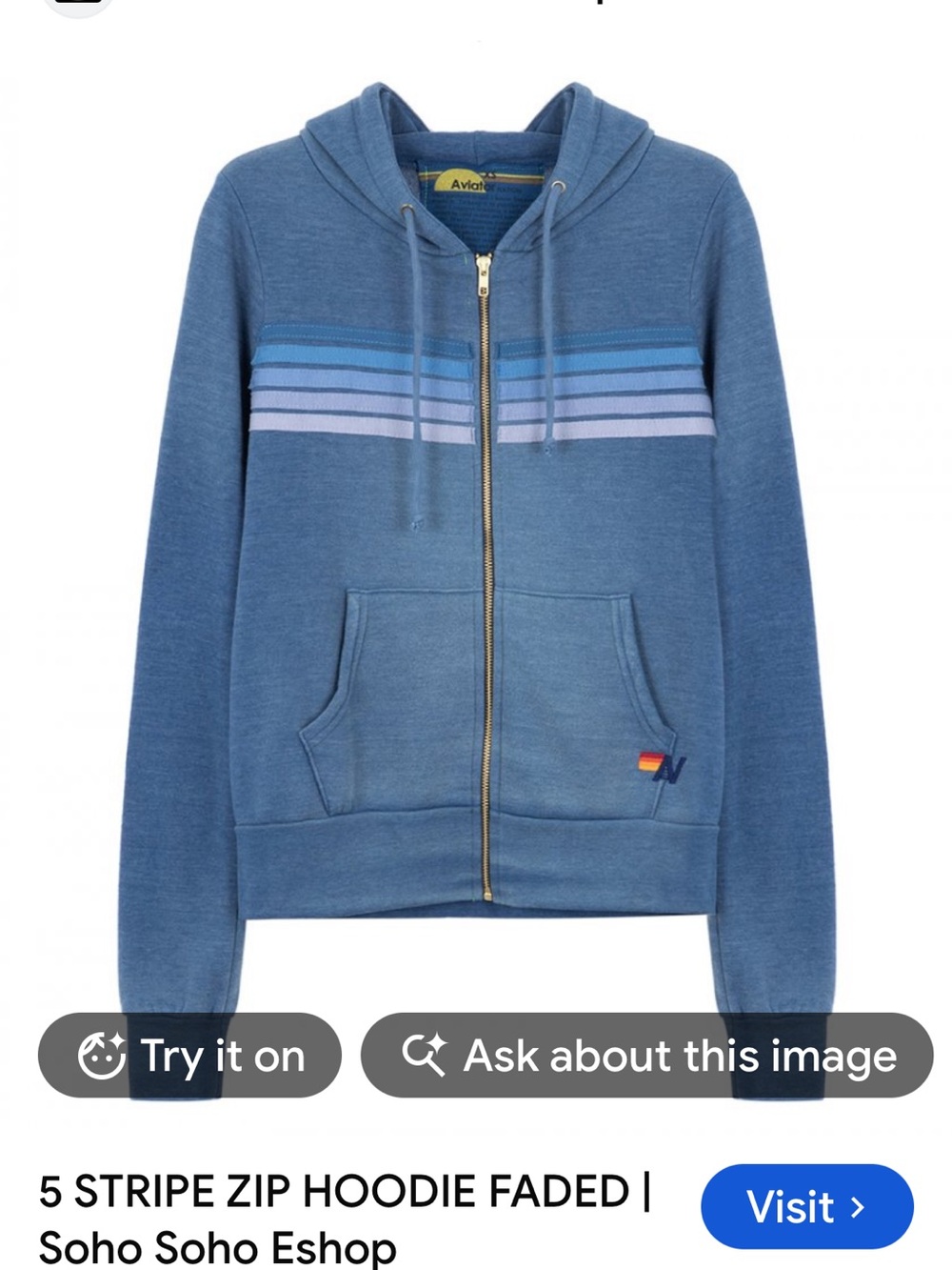 Aviator Nation 5 Stripe Zip Hoodie Faded Blue Small